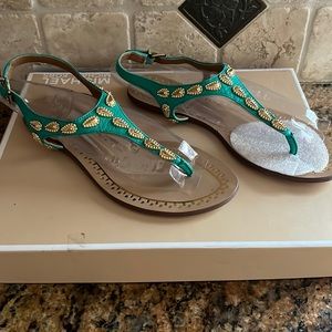 Dolce Vita DV leather flat thong sandal shoes gold jeweled brown 6 NEW